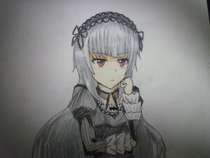Rating: Safe Score: 0 Tags: 1girl closed_mouth dress eyebrows_visible_through_hair frills grey_background hairband image long_hair long_sleeves looking_at_viewer pink_eyes red_eyes solo suigintou traditional_media User: admin