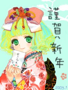 Rating: Safe Score: 0 Tags: 1girl blonde_hair blue_background bow floral_print flower green_eyes hair_bow hinaichigo image japanese_clothes kimono looking_at_viewer pink_bow smile solo upper_body User: admin