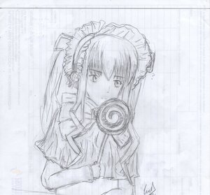 Rating: Safe Score: 0 Tags: 1girl auto_tagged eighth_note greyscale image long_hair long_sleeves looking_at_viewer monochrome musical_note ribbon shinku signature sketch smile solo traditional_media upper_body User: admin
