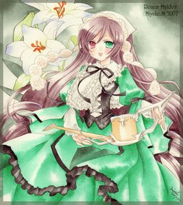 Rating: Safe Score: 0 Tags: 1girl artist_name brown_hair dress flower frills green_dress green_eyes heterochromia image long_hair long_sleeves looking_at_viewer marker_(medium) open_mouth red_eyes solo suiseiseki traditional_media very_long_hair watering_can User: admin