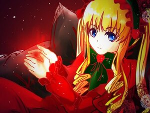 Rating: Safe Score: 0 Tags: 1girl blonde_hair blue_eyes bow bowtie dress drill_hair flower green_bow image long_hair long_sleeves looking_at_viewer red_dress shinku sitting solo User: admin