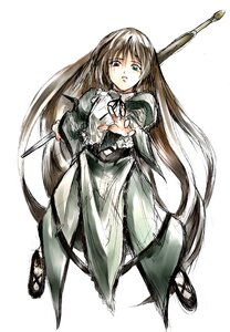 Rating: Safe Score: 0 Tags: 1girl brown_hair dress frills full_body green_eyes heterochromia image long_hair long_sleeves red_eyes simple_background solo standing suiseiseki very_long_hair white_background User: admin