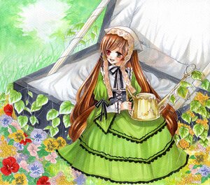 Rating: Safe Score: 0 Tags: 1girl :d brown_hair dress flower frills green_dress green_eyes head_scarf heterochromia image long_hair long_sleeves looking_at_viewer open_mouth smile solo suiseiseki traditional_media twintails very_long_hair watercolor_(medium) watering_can User: admin