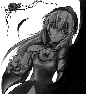 Rating: Safe Score: 0 Tags: 1girl bow dress feathers flower hand_on_own_chest image long_hair long_sleeves looking_at_viewer monochrome red_eyes red_rose rose solo spot_color suigintou thorns vines User: admin