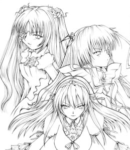 Rating: Safe Score: 0 Tags: 1girl 3girls dress flower frills greyscale hair_ornament image lineart long_hair long_sleeves looking_at_viewer monochrome multiple ribbon simple_background smile suigintou tagme upper_body very_long_hair white_background User: admin