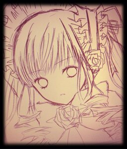 Rating: Safe Score: 0 Tags: 1girl black_border border circle_cut drill_hair flower hairband image letterboxed long_hair looking_at_viewer monochrome rose shinku simple_background solo traditional_media twintails User: admin