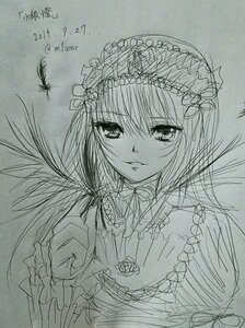 Rating: Safe Score: 0 Tags: 1girl dress flower frills greyscale hairband image long_hair long_sleeves looking_at_viewer monochrome ribbon sketch solo suigintou traditional_media upper_body User: admin