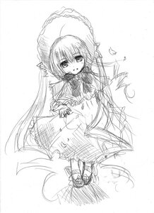 Rating: Safe Score: 0 Tags: 1girl blush capelet dress frills greyscale hat image long_hair long_sleeves looking_at_viewer monochrome open_mouth shinku sketch smile solo standing twintails very_long_hair User: admin