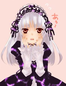 Rating: Safe Score: 0 Tags: 1girl bangs blush dress frilled_sleeves frills hairband hands_on_own_face image juliet_sleeves lolita_hairband long_hair long_sleeves looking_at_viewer open_mouth pink_background puffy_sleeves red_eyes silver_hair simple_background solo suigintou User: admin