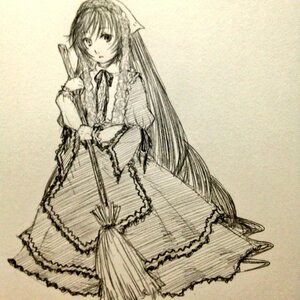 Rating: Safe Score: 0 Tags: 1girl dress frills full_body image lolita_fashion long_hair long_sleeves looking_at_viewer monochrome ribbon solo suiseiseki very_long_hair User: admin