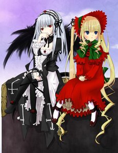 Rating: Safe Score: 0 Tags: 2girls black_wings blonde_hair blue_eyes bonnet bow dress frills hairband image long_hair long_sleeves multiple_girls pair red_eyes shinku silver_hair sitting suigintou twintails wings User: admin