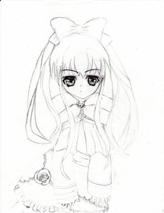 Rating: Safe Score: 0 Tags: 1girl blush dress greyscale image long_hair long_sleeves monochrome shinku solo User: admin