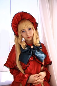 Rating: Safe Score: 0 Tags: 1girl bangs blonde_hair blue_eyes bonnet capelet curtains dress lips long_hair long_sleeves looking_at_viewer own_hands_together red_capelet red_dress shinku solo upper_body User: admin