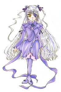 Rating: Safe Score: 0 Tags: 1girl barasuishou boots dress expressionless eyepatch full_body image long_hair long_sleeves pantyhose purple_dress ribbon solo standing striped traditional_media two_side_up vertical_stripes very_long_hair yellow_eyes User: admin