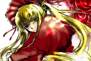 Rating: Safe Score: 0 Tags: 1girl blonde_hair blue_eyes bow capelet dress flower image long_hair looking_at_viewer ribbon shinku simple_background solo twintails User: admin