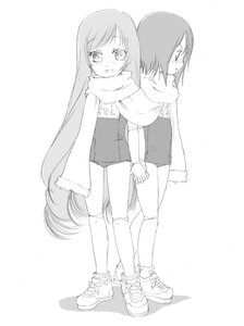 Rating: Safe Score: 0 Tags: 2girls blush full_body holding_hands image long_hair long_sleeves looking_at_viewer monochrome multiple_girls pair scarf shoes short_hair smile sneakers souseiseki standing suiseiseki very_long_hair User: admin