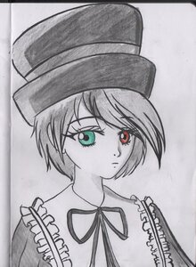 Rating: Safe Score: 0 Tags: 1girl closed_mouth eyebrows_visible_through_hair frills green_eyes hat heterochromia image looking_at_viewer marker_(medium) monochrome photo red_eyes ribbon short_hair solo souseiseki spot_color traditional_media upper_body User: admin