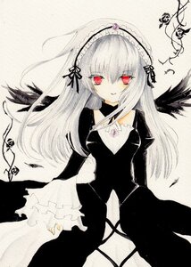 Rating: Safe Score: 0 Tags: 1girl black_dress black_wings detached_collar dress feathered_wings feathers flower frills hairband image long_hair long_sleeves looking_at_viewer red_eyes rose smile solo suigintou traditional_media wings User: admin