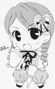 Rating: Safe Score: 0 Tags: 1girl :d bloomers blush chibi dress drill_hair eyebrows_visible_through_hair flower full_body greyscale hair_ornament image kanaria long_hair long_sleeves monochrome open_mouth smile solo standing User: admin