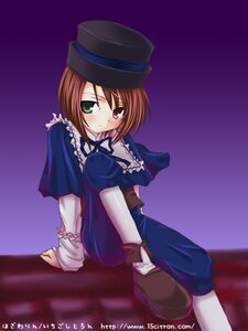 Rating: Safe Score: 0 Tags: 1girl blue_dress blush brown_hair dress frills green_eyes hat heterochromia image long_sleeves looking_at_viewer red_eyes short_hair sitting solo souseiseki User: admin