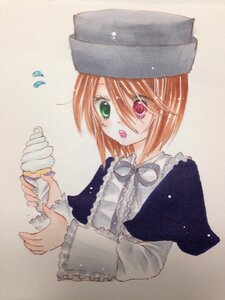 Rating: Safe Score: 0 Tags: 1girl :o brown_hair dress flying_sweatdrops food frills green_eyes hat heterochromia holding holding_food ice_cream ice_cream_cone image long_sleeves open_mouth red_eyes short_hair simple_background solo souseiseki upper_body User: admin