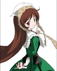 Rating: Safe Score: 0 Tags: 1girl brown_hair dress frills green_dress green_eyes hat head_scarf heterochromia image letterboxed long_hair long_sleeves looking_at_viewer looking_back red_eyes smile solo suiseiseki very_long_hair white_background User: admin