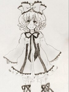 Rating: Safe Score: 0 Tags: 1girl blush bow dress graphite_(medium) greyscale hina_ichigo hinaichigo image long_sleeves monochrome ribbon short_hair smile solo traditional_media User: admin