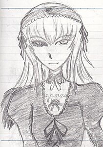 Rating: Safe Score: 0 Tags: 1girl closed_mouth detached_collar dress frills greyscale hairband image long_hair long_sleeves looking_at_viewer monochrome simple_background smile solo suigintou traditional_media upper_body User: admin