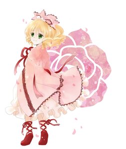 Rating: Safe Score: 0 Tags: 1girl blonde_hair bow dress drill_hair full_body green_eyes hat hina_ichigo hinaichigo image long_sleeves looking_at_viewer petals pink_bow pink_dress ribbon smile solo striped white_legwear User: admin