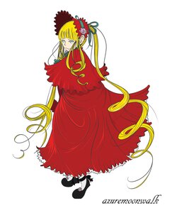 Rating: Safe Score: 0 Tags: 1girl bangs blonde_hair blue_eyes bonnet bow capelet dress flower full_body image long_hair long_sleeves looking_at_viewer red_dress shinku sidelocks solo standing twintails very_long_hair white_background User: admin