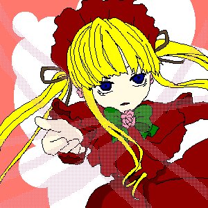 Rating: Safe Score: 0 Tags: 1girl bangs blonde_hair blue_eyes bonnet bow bowtie dress green_bow halftone halftone_background hat image long_hair long_sleeves looking_at_viewer pointing polka_dot polka_dot_background red_dress shinku solo User: admin