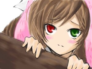 Rating: Safe Score: 0 Tags: 1girl blush brown_hair green_eyes image long_sleeves looking_at_viewer red_eyes simple_background solo suiseiseki User: admin