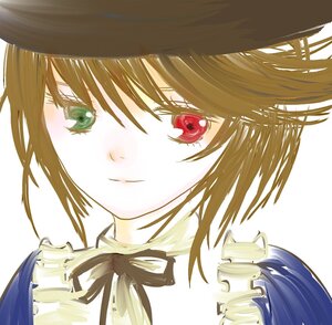 Rating: Safe Score: 0 Tags: 1girl closed_mouth face flower green_eyes hat image looking_at_viewer portrait red_eyes ribbon short_hair simple_background smile solo souseiseki striped white_background User: admin