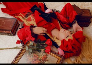 Rating: Safe Score: 0 Tags: 1girl blonde_hair closed_eyes dress flower letterboxed long_hair long_sleeves lying red_dress shinku solo User: admin