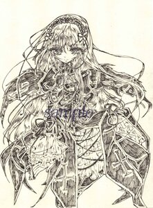 Rating: Safe Score: 0 Tags: 1girl closed_mouth dress frills hairband image lolita_hairband long_hair long_sleeves looking_at_viewer monochrome ribbon solo suigintou traditional_media very_long_hair User: admin