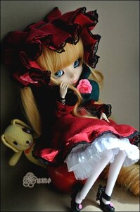 Rating: Safe Score: 0 Tags: 1girl blonde_hair blue_eyes bonnet bow doll dress flower frills long_hair long_sleeves looking_at_viewer photo red_dress red_flower rose shinku shoes sitting solo stuffed_animal twintails User: admin