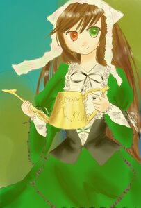 Rating: Safe Score: 0 Tags: 1girl brown_hair dress frills green_dress green_eyes head_scarf heterochromia holding image long_hair long_sleeves looking_at_viewer red_eyes ribbon simple_background smile solo suiseiseki very_long_hair watering_can User: admin