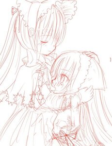Rating: Safe Score: 0 Tags: 2girls blush bow closed_eyes dress hair_bow hand_on_another's_head hug image long_hair monochrome multiple_girls pair shinku simple_background sketch smile suiseiseki very_long_hair white_background yuri User: admin