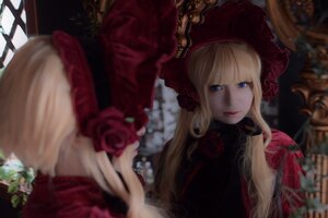 Rating: Safe Score: 0 Tags: 1girl blonde_hair blue_eyes blurry blurry_background blurry_foreground bonnet depth_of_field dress flower hat lips long_hair looking_at_viewer red_capelet red_dress red_flower red_rose rose shinku solo User: admin