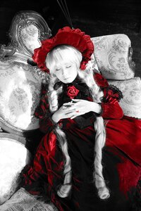 Rating: Safe Score: 0 Tags: 1girl bonnet closed_eyes dress flower lolita_fashion long_hair long_sleeves rose shinku solo User: admin