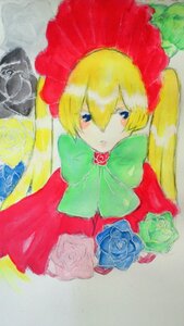 Rating: Safe Score: 0 Tags: 1girl blonde_hair blue_eyes blush bow bowtie dress expressionless flower green_bow image long_hair looking_at_viewer marker_(medium) pink_flower rose shinku simple_background solo traditional_media twintails User: admin