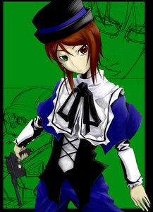 Rating: Safe Score: 0 Tags: 1girl blue_dress brown_hair dress green_eyes gun hat heterochromia image letterboxed long_sleeves looking_at_viewer red_eyes solo souseiseki top_hat weapon User: admin