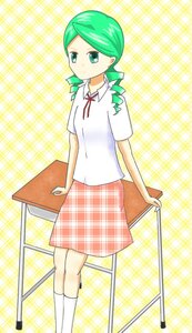 Rating: Safe Score: 0 Tags: 1girl auto_tagged chair expressionless full_body green_eyes green_hair image kanaria kneehighs plaid plaid_background plaid_skirt ribbon short_sleeves skirt solo standing white_legwear User: admin