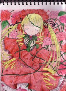 Rating: Safe Score: 0 Tags: 1girl blonde_hair closed_eyes dress drill_hair flower frills hair_ribbon image long_hair pink_flower pink_rose red_flower red_rose ribbon rose rose_petals shinku solo thorns traditional_media twintails vines User: admin