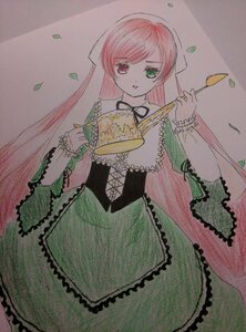 Rating: Safe Score: 0 Tags: 1girl dress frills green_dress green_eyes heterochromia holding image lace leaf long_hair long_sleeves pink_hair red_eyes ribbon solo suiseiseki traditional_media very_long_hair User: admin