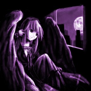 Rating: Safe Score: 0 Tags: 1girl dress frills full_body full_moon hairband long_hair long_sleeves looking_at_viewer monochrome moon night purple_theme sitting smile solo User: admin