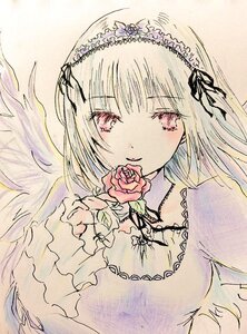 Rating: Safe Score: 0 Tags: 1girl bangs black_ribbon blush closed_mouth dress eyebrows_visible_through_hair flower frills holding image long_hair long_sleeves looking_at_viewer pink_flower ribbon rose simple_background smile solo suigintou traditional_media upper_body wings User: admin