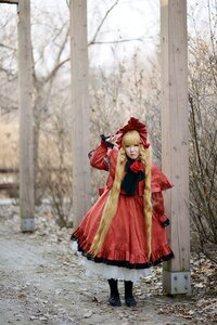 Rating: Safe Score: 0 Tags: 1girl blonde_hair bow closed_eyes dress hair_bow long_hair long_sleeves red_dress shinku snow solo standing User: admin