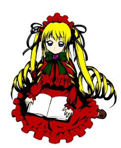 Rating: Safe Score: 0 Tags: 1girl blonde_hair blue_eyes book bow bowtie capelet dress full_body green_bow image long_hair long_sleeves looking_at_viewer shinku simple_background sitting solo twintails white_background User: admin