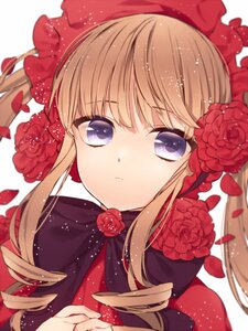 Rating: Safe Score: 0 Tags: 1girl blonde_hair blurry depth_of_field drill_hair flower image long_hair looking_at_viewer petals purple_eyes red_capelet red_flower red_rose rose rose_petals shinku simple_background solo twintails upper_body white_background User: admin